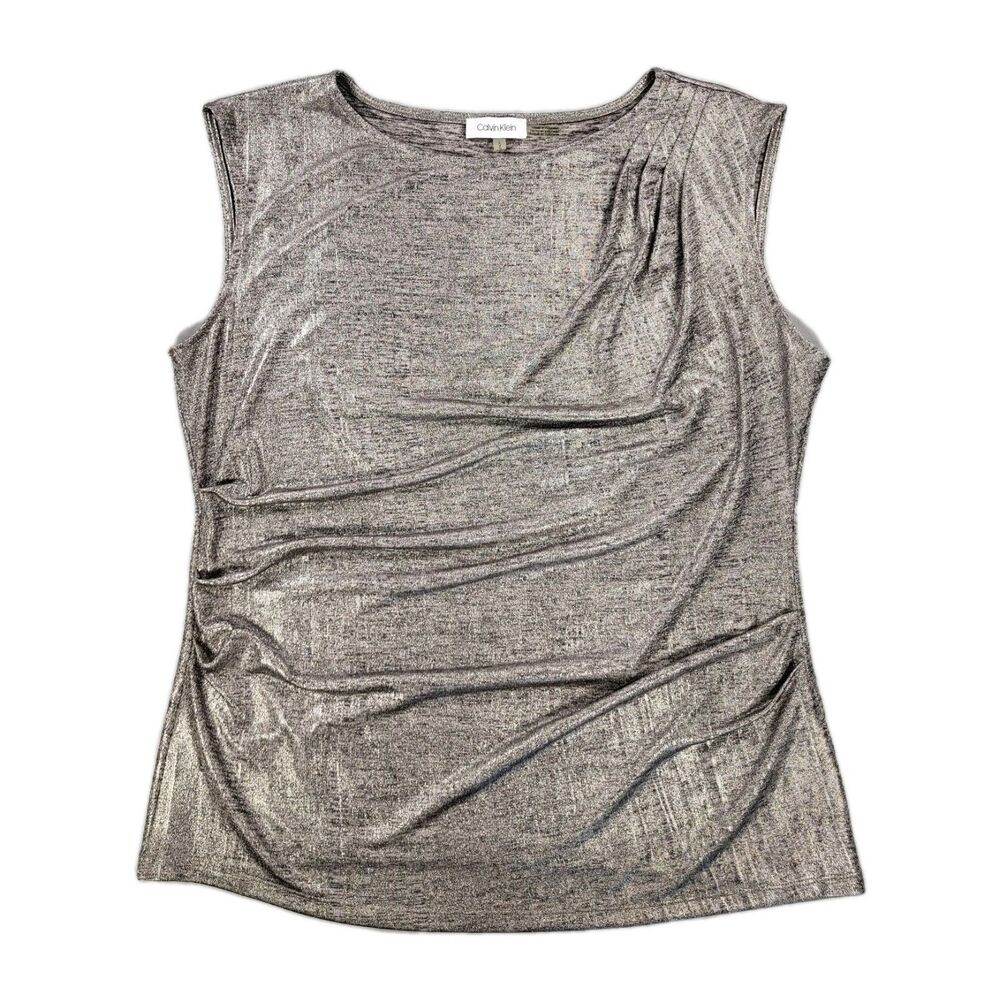 Calvin Klein Metallic Silver Sleeveless Draped Ruched Blouse Top